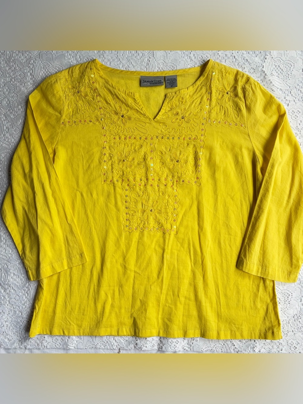 Samanthas Stylehouse Bright Yellow Sequin Embroidered 3/4 Sleeve Top 100% Cotton